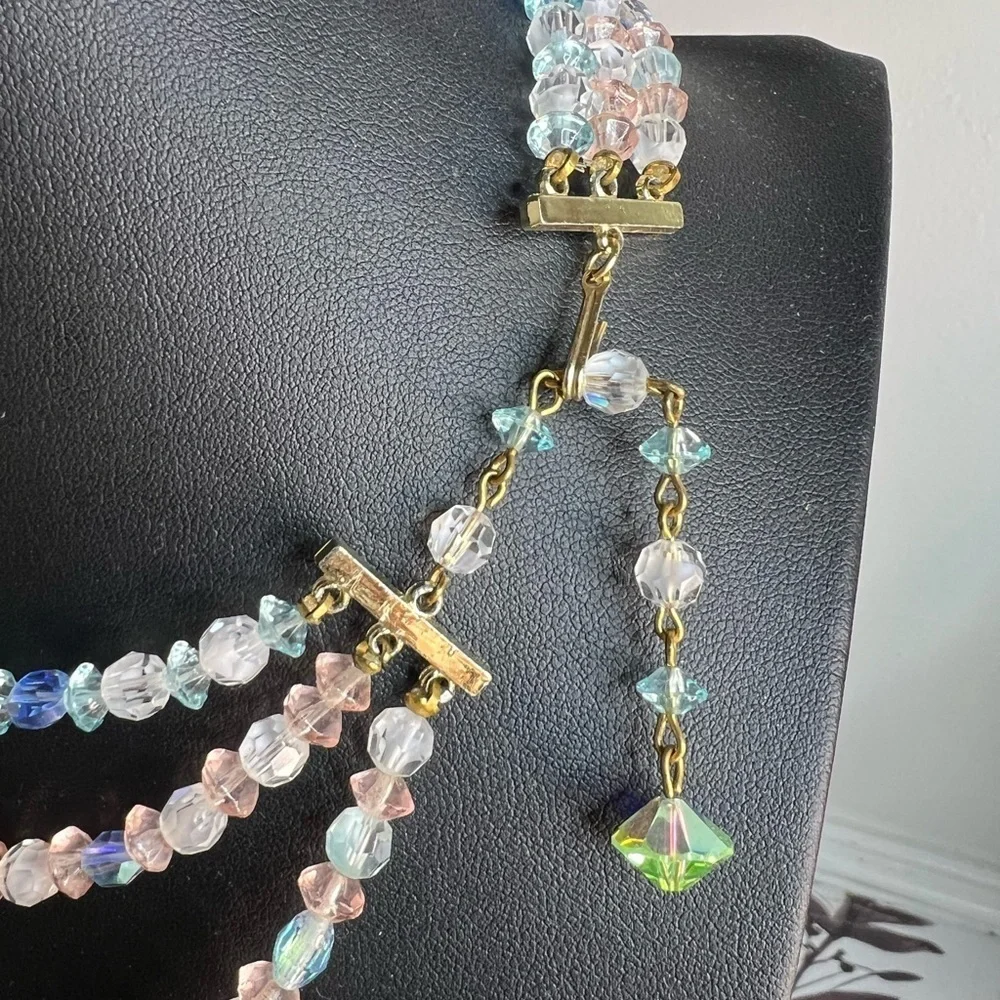 Vintage Colorful Aurora Borealis Glass Necklace & Clip On Earring Set 17” D15